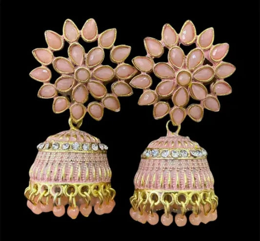 Priyaasi Pink Floral Gold Plated Jhumka Earrings