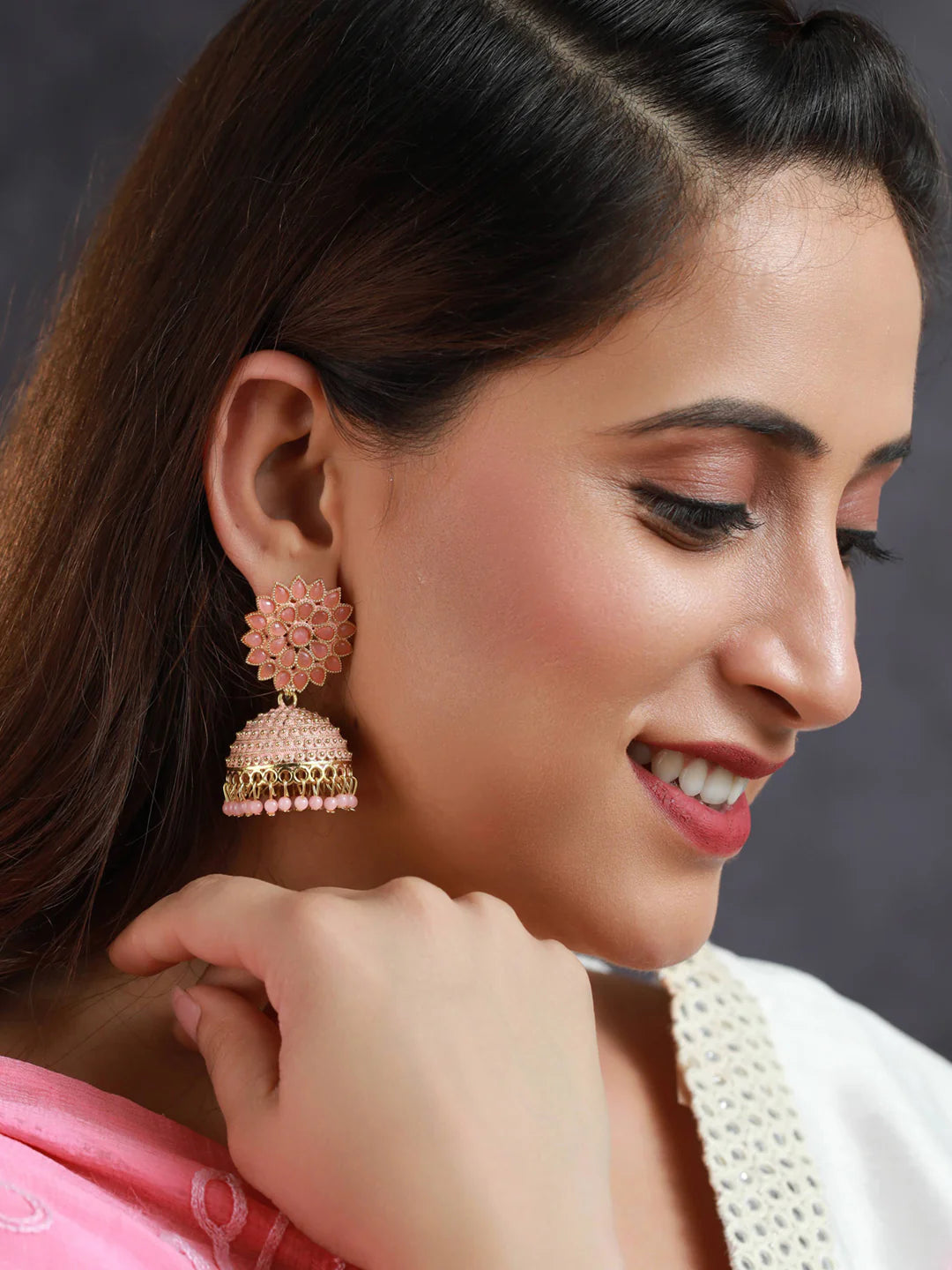 Priyaasi Pink Floral Gold Plated Jhumka Earrings